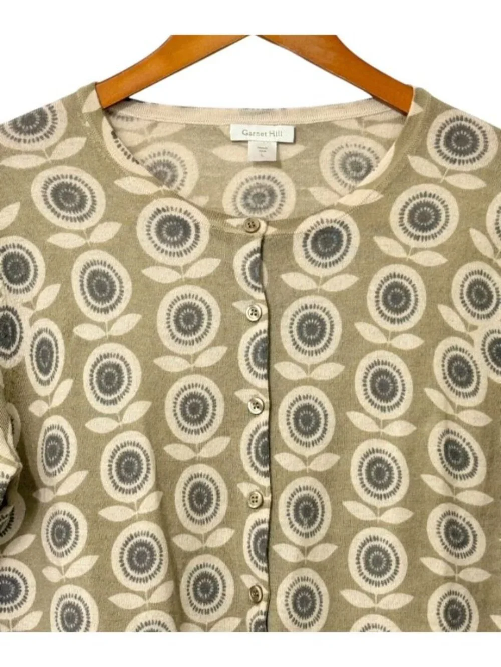 Garnet Hill Women's 100% Merino Wool Cardigan Sweater Sage Gray Floral Size L